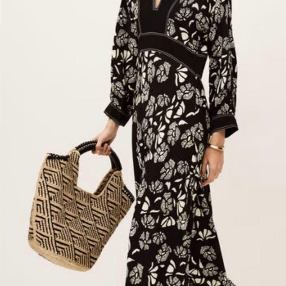 Black and White Floral Maxi Dress with Woven Tote